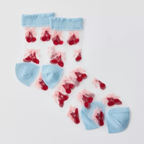 NWT Urban Outfitters Icon Sheer Mesh Cherry Print Socks - Picture 1 of 4